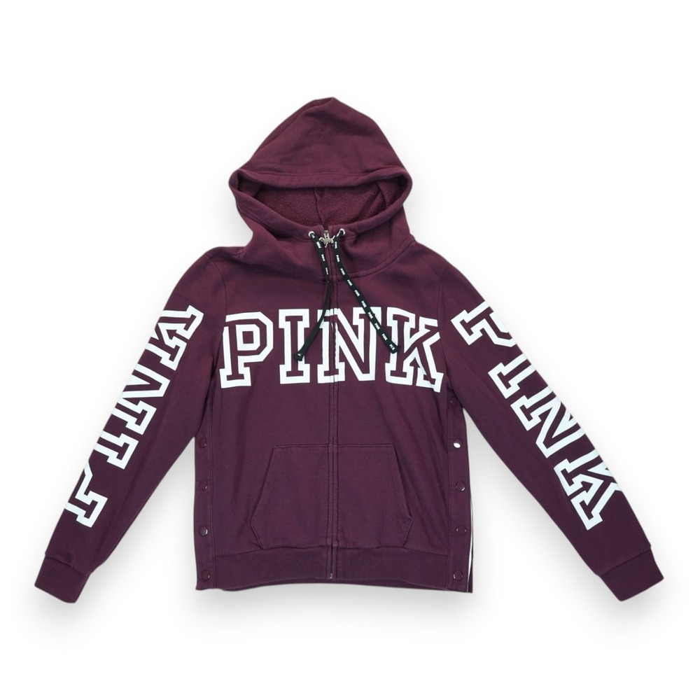 Victorias Secret Pink‎ Graphic SIDE SNAP FULL ZIP Hoodie Size Large Burgundy